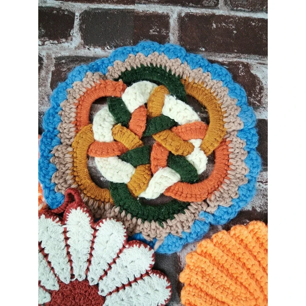 Lot Of 6 Vintage Crochet Pot Holders Trivets Handmade Kitchen Decor 70s 80s